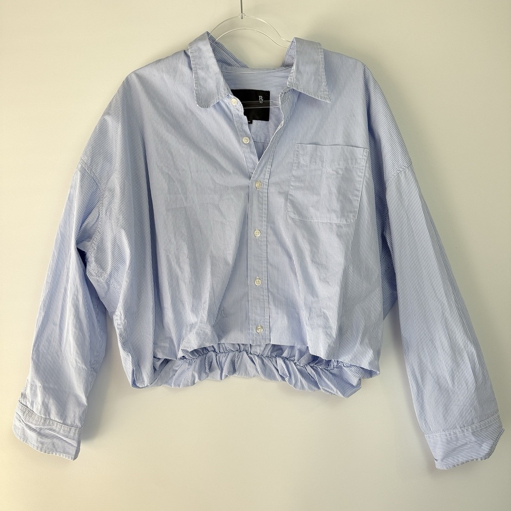 R13 Gathered Hem Shirt Light Blue Pinstripe Cropped Button Front Top $450 Retail - Picture 2 of 13